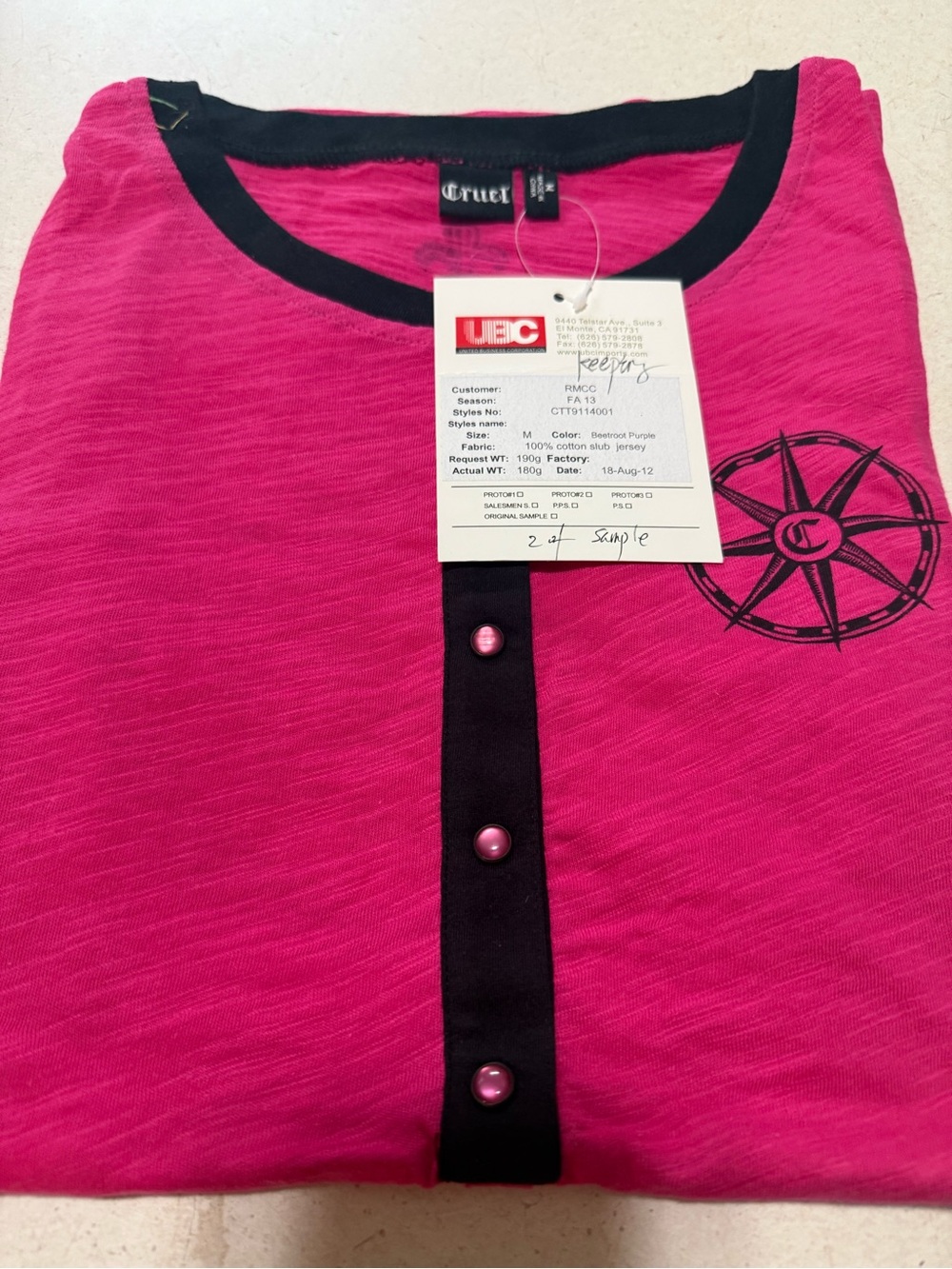 Cruel Girl Hot Pink Henley Top with Black Trim